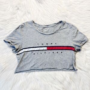 Tommy Hilfiger Casual Raw Edge Short Sleeve Crop Top Grey Size Medium